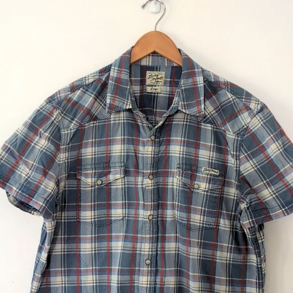 Lucky Brand Western Snap Button Down Short Sleeve Blue Orange Plaid Shirt Large - Picture 3 of 8